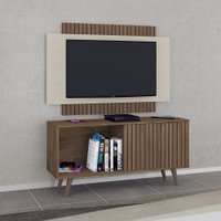 Rack com Painel Málaga para TV Até 50 Polegadas Ripado 1 Porta Flex Mocaccino/Natura/Off White - Atualle Móveis