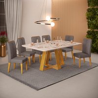 Conjunto Sala de Jantar 6 Cadeiras Tampo Curvo DJ Móveis Kiara Cedro Yasmin Veludo Lunar