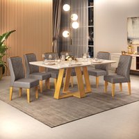 Conjunto Sala de Jantar 6 Cadeiras Tampo Curvo DJ Móveis Kiara Cedro Lidia Veludo Lunar