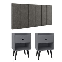 Kit 2 Mesinhas Decore Nicho Porta Objetos Pés Palito Preto Cabeceira Suspensa Júlia Cama Box King 1,95 Cinza Linho - RPM