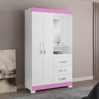 Guarda-Roupa Solteiro com Espelho 2 Portas 3 Gavetas Paris Notável Branco/Rosa