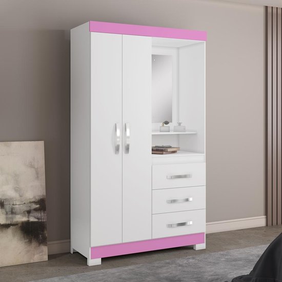 Guarda-Roupa Solteiro com Espelho 2 Portas 3 Gavetas Paris Notável Branco/Rosa