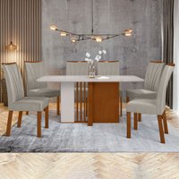 Mesa de Jantar 6 Lugares Astrid Apogeu com Vidro Frassino/Off White/Veludo Liso Capuccino - Móveis Lopas
