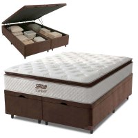 Cama Box Baú King Gazin Colchão Molas Ensacadas Com Pillow Top Tower 193x203x75cm Branco/Marrom