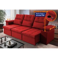 Sofá Retrátil Reclinável Verona USB + Porta Copo 2,30m Suede Velut Vermelho c/ Molas no Assento - King House