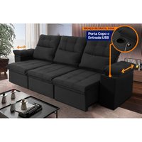 Sofá Retrátil Reclinável Verona USB + Porta Copo 2,30m Suede Velut Preto c/ Molas no Assento - King House