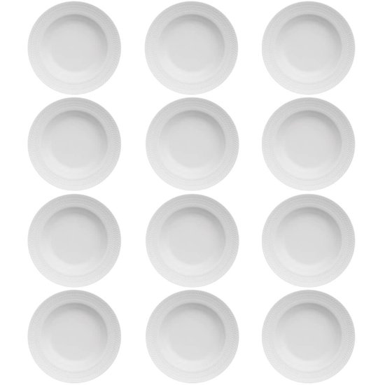 12 Pratos Fundos 23,5cm Porcelana Relevo Chevron Germer Redondo Branco