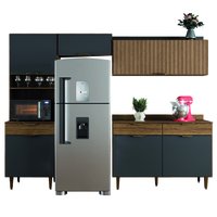 Armário de Cozinha Completa Com Balcão 6 Portas Ripado 3D 3 Gavetas Nicho Para Micro Ondas Madeirado/Grafite