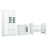 Dormitório Infantil Completo Berço Americano Mini Cama 2 em 1 Com Rodízios Para Quarto Bebê Mimo Luna Branco