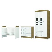 Dormitório Infantil Completo Berço Americano Mini Cama 3 em 1 Para Quarto Bebê Helena Branco / Madeirado