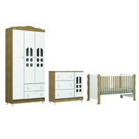 Dormitório Infantil Completo Carolina Baby Berço Americano Mini Cama 2 em 1 Para Quarto Bebê Helena Branco / Madeirado