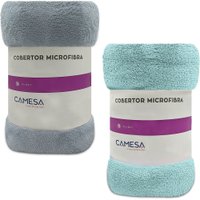 Kit 2 Manta Cobertor Solteiro Microfibra Soft Macia 150x220cm Cinza - Azul