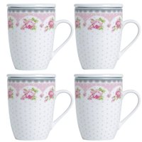 Kit 4 Canecas de Porcelana para Chá 310ml com Tampa e Filtro Inox Infusoor Lyor Rosa