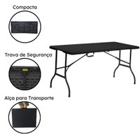 Mesa Dobrável Preta De Plástico Portátil Com Alça Leve Para Camping Praia Churrasco 152x70cm