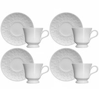 Kit De 4 Xícaras de Chá com Pires 80ml Porcelana em Relevo Tassel Germer Branco