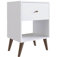Mesa De Cabeceira Com Gaveta Branco Com Pés Retro 45cm Nicho Placa e Ponto e Puxador Em Madeira