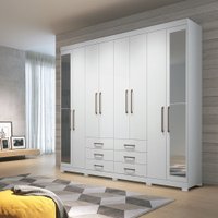 Guarda Roupa Casal 238cm Com 8 Portas 6 Gavetas C/ Espelho e Pés Havana Master Santos Andirá Branco