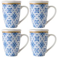 Jogo Com 4 Xícaras de Chá Porcelana Branca C/ Tampa e Infusor Inox 310ml Lisboa Lyor Azul