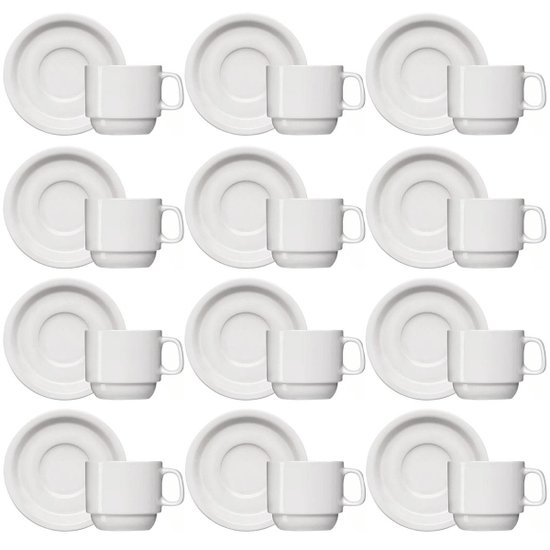 Jogo Com 12 Xícaras de Café C/ Pires de Porcelana 65ml Classe Única Iguaçu Germer Branco