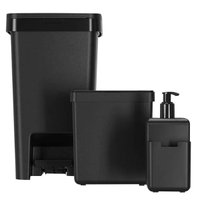Kit Dispenser P/ Detergente e Esponja 500ml Lixeira 2,5L e Lixeira Grande 15L Single Coza Preto