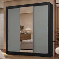 Guarda-Roupa Casal 3 Portas de Correr com Espelho 2 Gavetas Preto/Cinza Sublime Madesa