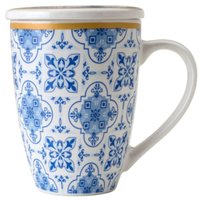 Xícara Caneca de Porcelana P/ Chá 310ml C/ Tampa e Infusor Inox Lisboa Lyor Azul