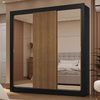 Guarda-Roupa Casal 3 Portas de Correr com Espelhos 2 Gavetas Preto/Rustic Sublime Madesa