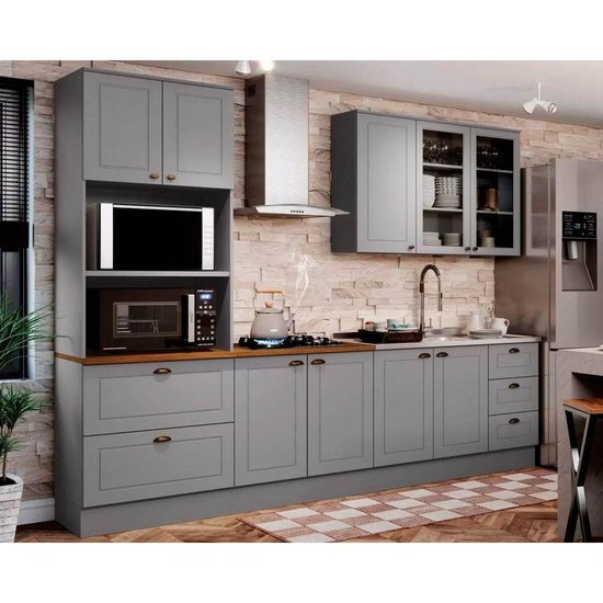 Cozinha Completa Americana 5 Peças (1Aéreo+2Balcões+1Paneleiro+1Complemento) s/Pia CZ128 Cinza - Henn