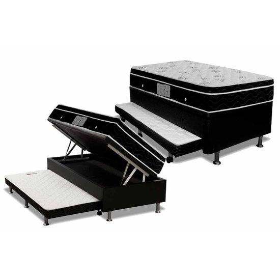Cama Box Baú c/Auxiliar Solteiro: Colchão Molas Ortobom Nanolastic Physical + Base CRC Courano Black(88x188)