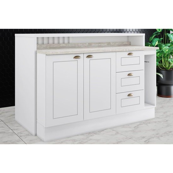 Bancada Ilha Cozinha  Gourmet Americana c/ 2 Portas e 3 Gavetas 145cm Branco - Henn