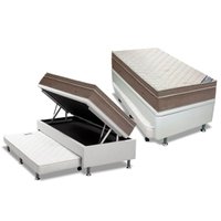 Cama Box Baú c/Auxiliar Solteiro: Colchão Molas Ortobom SuperPocket Light + Base CRC Courano Branco(88x188)
