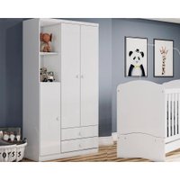 Guarda Roupa Bebê Bala de Menta c/ 3 Portas e 2 Gavetas Branco - Henn