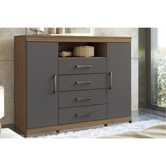 Cômoda de Quarto Master c/ 2 Portas 1 Nicho e 4 Gavetas c/ Rodízio Jatoba/Grafitte - Santos Andirá