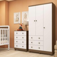 Conjunto de Guarda-Roupa com Cômoda Junior 3 PT 7 GV Branco e Carvalho