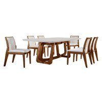 Conjunto de Mesa de Jantar Retangular com Tampo de Vidro e 6 Cadeiras Siena Bouclé Off White e Cinamomo Imbuia