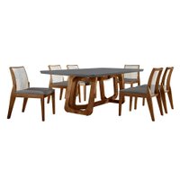 Conjunto de Mesa de Jantar Retangular com Tampo de Vidro e 6 Cadeiras Siena Linho Grafite e Cinamomo Imbuia