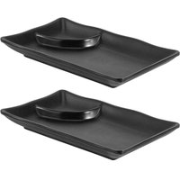 2 Pratos para Sushi com Porta Shoyu 19x12cm Melanina Preta Retangular Comida Japonesa