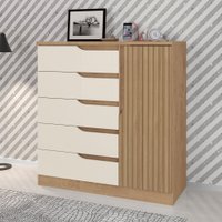 Cômoda Paris New 1 Porta 5 Gavetas Ripado 3d Natura/Off White - Atualle Móveis