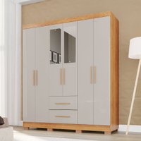 Guarda-Roupa Casal Diamante Premium 6 Portas C/ 2 Gavetas com Pés e Espelho Cinamomo/Off White - Pnr Móveis
