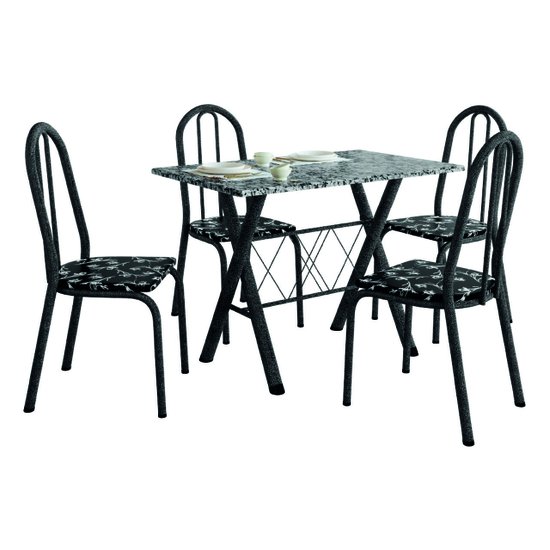 Conjunto Sala De Jantar Mesa Deise Com 4 Cadeiras Diva 1,20m Granito Preto Craquelado/Floral Artefamol