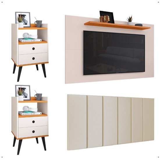 Kit 2 Mesinhas Retrô Cabeceira Suspensa Cama Box Queen Size 1,60 Suede Painel Tv 48 Polegadas Off White/Cinamomo - RPM