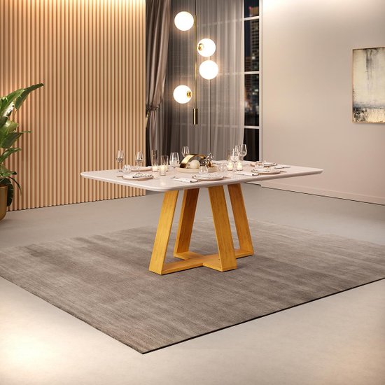 Mesa de Jantar Retangular Tampo Chanfrado Curvo 160x90 DJ Móveis Kiara Cedro Off White