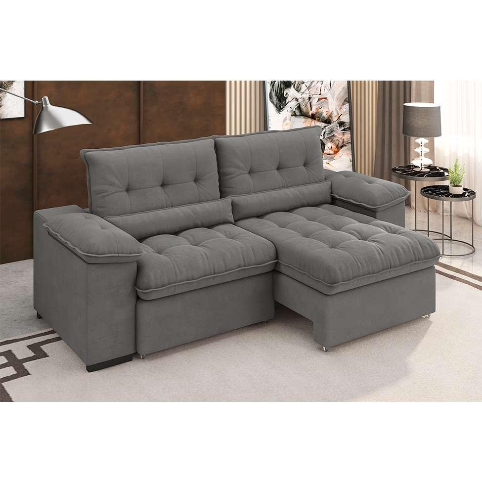 Sofá 3 Lugares Retrátil e Reclinável Arezzo Veludo Cinza