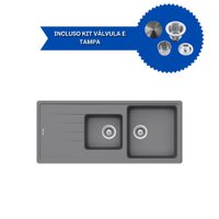Cuba De Cozinha Em Quartzo Schock By Arell 201e + Válvula de Inox com Cesto e Tampa Decorativa Cinza/Inox
