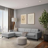 Sofá 4 Lugares Calmness com Chaise Esquerdo Pés e Base em Madeira Linho Cotton Cinza
