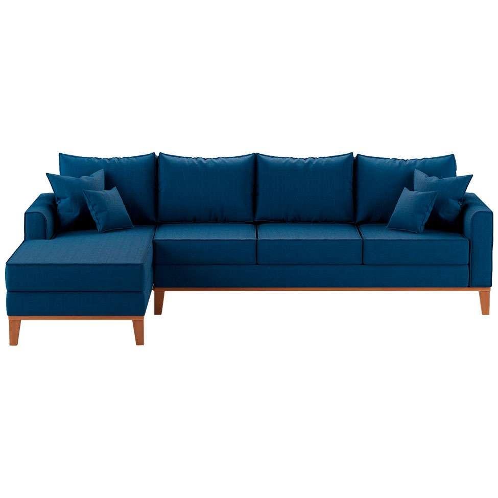 Sofá 4 Lugares Beny Com Chaise Esquerdo Linho Azul Marinho