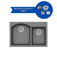 Cuba De Cozinha Em Quartzo Schock By Arell 204 + Válvula de Inox com Cesto e Tampa Decorativa Cinza/Inox