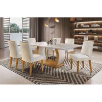 Conjunto de Mesa de Jantar com 6 Cadeiras Estofadas Maia I Veludo Off White e Creme