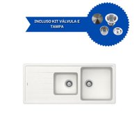 Cuba De Cozinha Em Quartzo Schock By Arell 201e + Válvula de Inox com Cesto e Tampa Decorativa Branco/Inox