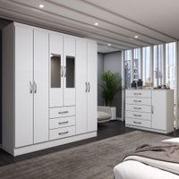 Guarda-Roupa Casal Ariana 6 Portas 3 Gavetas e Espelho com Cômoda 1 Porta 5 Gavetas Branco - Panorama Móveis
